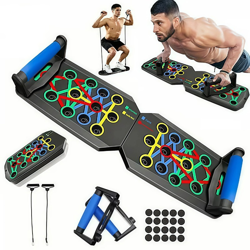 Home Gym System - 抵抗バンド付き折りたたみ式プッシュアップボード、多機能プッシュアップバー、ポータブルホームジムトレーニング機器、男性女性向けの胸筋、背中、肩、上腕三頭筋のトレーニングシステム